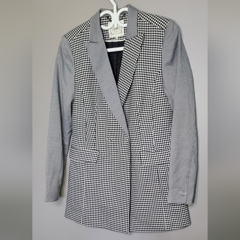 Black and White Checkered Herringbone Blazer Snap Button Long S AAIKO